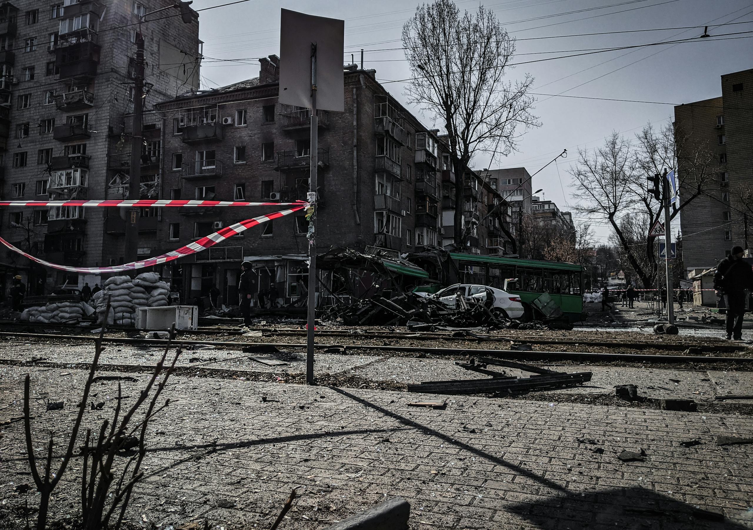 A devastated street in Kyiv showcasing war damage and destruction.